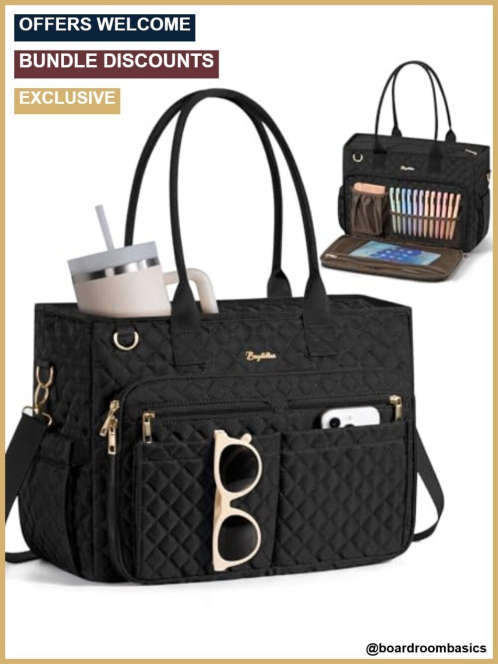 Quilted Polyester Laptop Tote Bag with 40oz Cup Holder, 20 Pockets